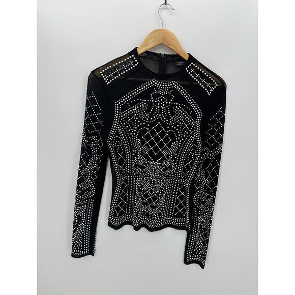 Mango USA Black Studded Sheer Mesh Long Sleeve Shirt Size L Grunge Emo Y2K - Picture 1 of 7